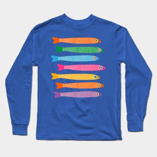 ANCHOVIES Bright Graphic Fun Groovy Fish in Rainbow Colors on Royal Blue - Horizontal Layout - UnBlink Studio by Jackie Tahara Long Sleeve T-Shirt